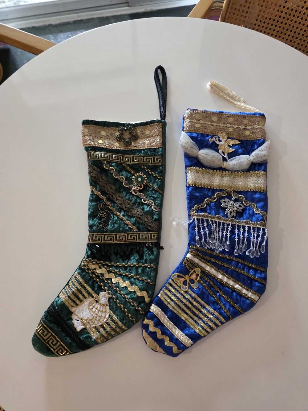 Embellished Velvet Holiday Stocking Set in Green and Blue